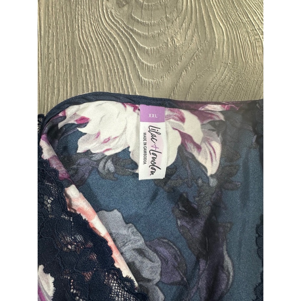 Lilac & London Navy Dark Floral Camisole & Short Satin Pajama Set w/ Lace Detail - Picture 5 of 7